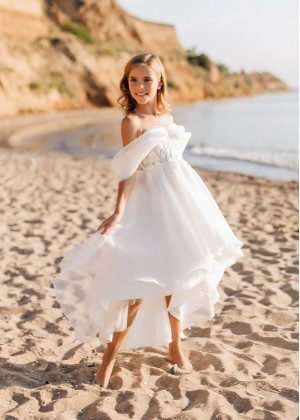 Beaded White Lace Organza High Low Flower Girl Dress